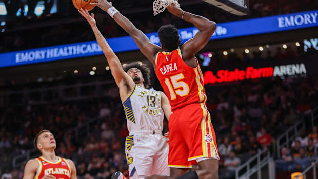 Atlanta Hawks center Clint Capela blocks Indiana Pacers forward Jordan Nwora's shot.